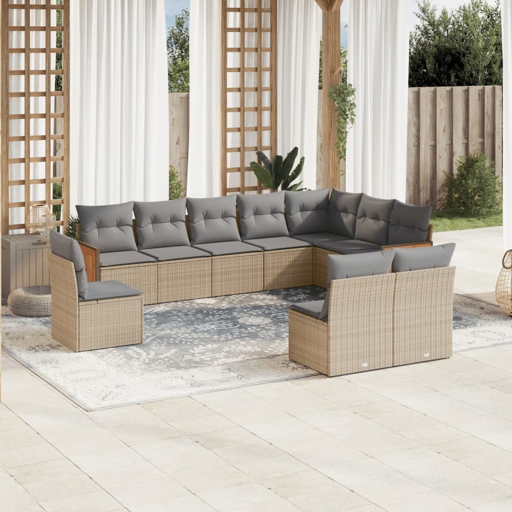 Salon de jardin avec coussins 10 pcs beige résine tressée