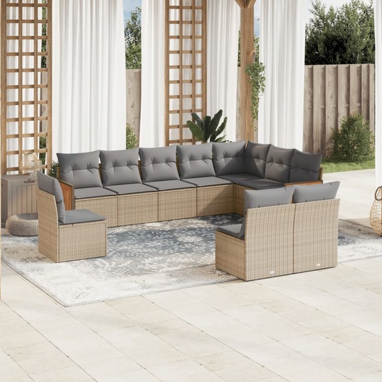 Salon de jardin avec coussins 10 pcs beige résine tressée