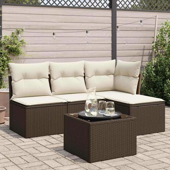 Salon de jardin avec coussins 5 pcs marron résine tressée
