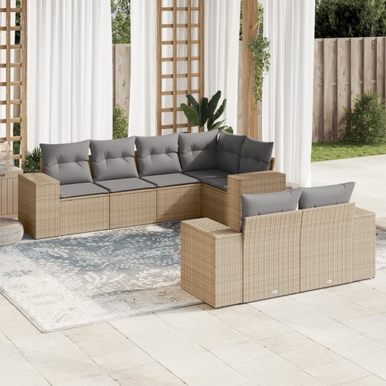 Salon de jardin avec coussins 7 pcs beige résine tressée