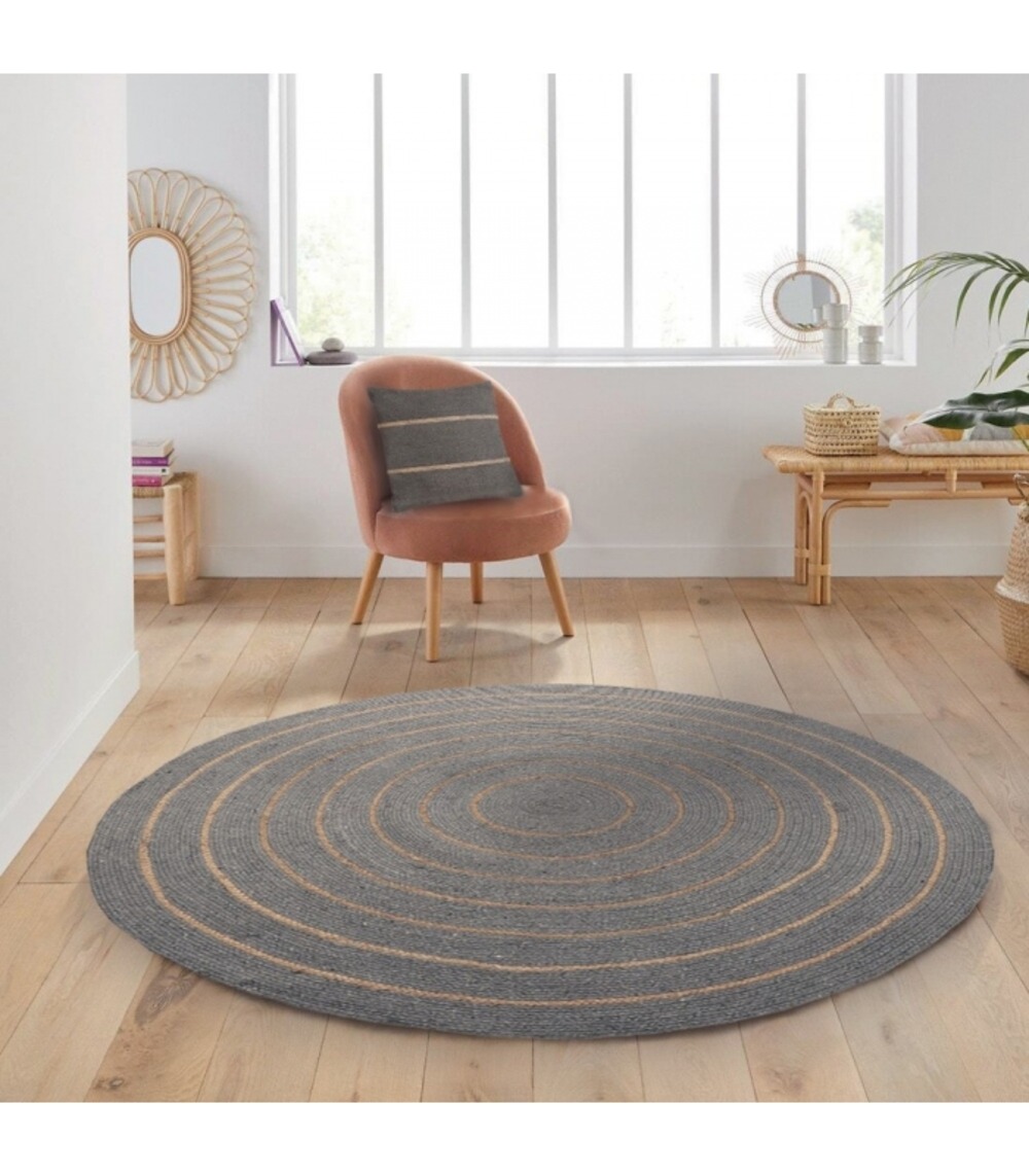 Tapis rond en coton tressé, effet jute rayé, gris, 120 cm - atout ciel 69019