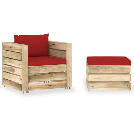 Salon de jardin 2 pcs avec coussins bois imprégné de vert