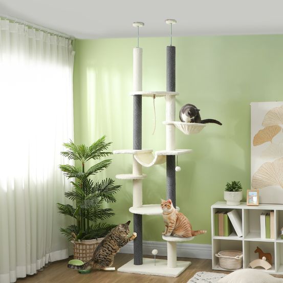Arbre à chat hauteur réglable sisal peluche 2 hamacs griffoir 225-255cm blanc - comfortxl pet living