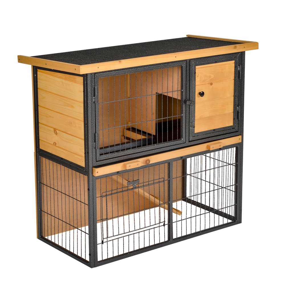 Clapier à lapin bois et métal extérieur 2 niveaux avec toit ouvrant orange