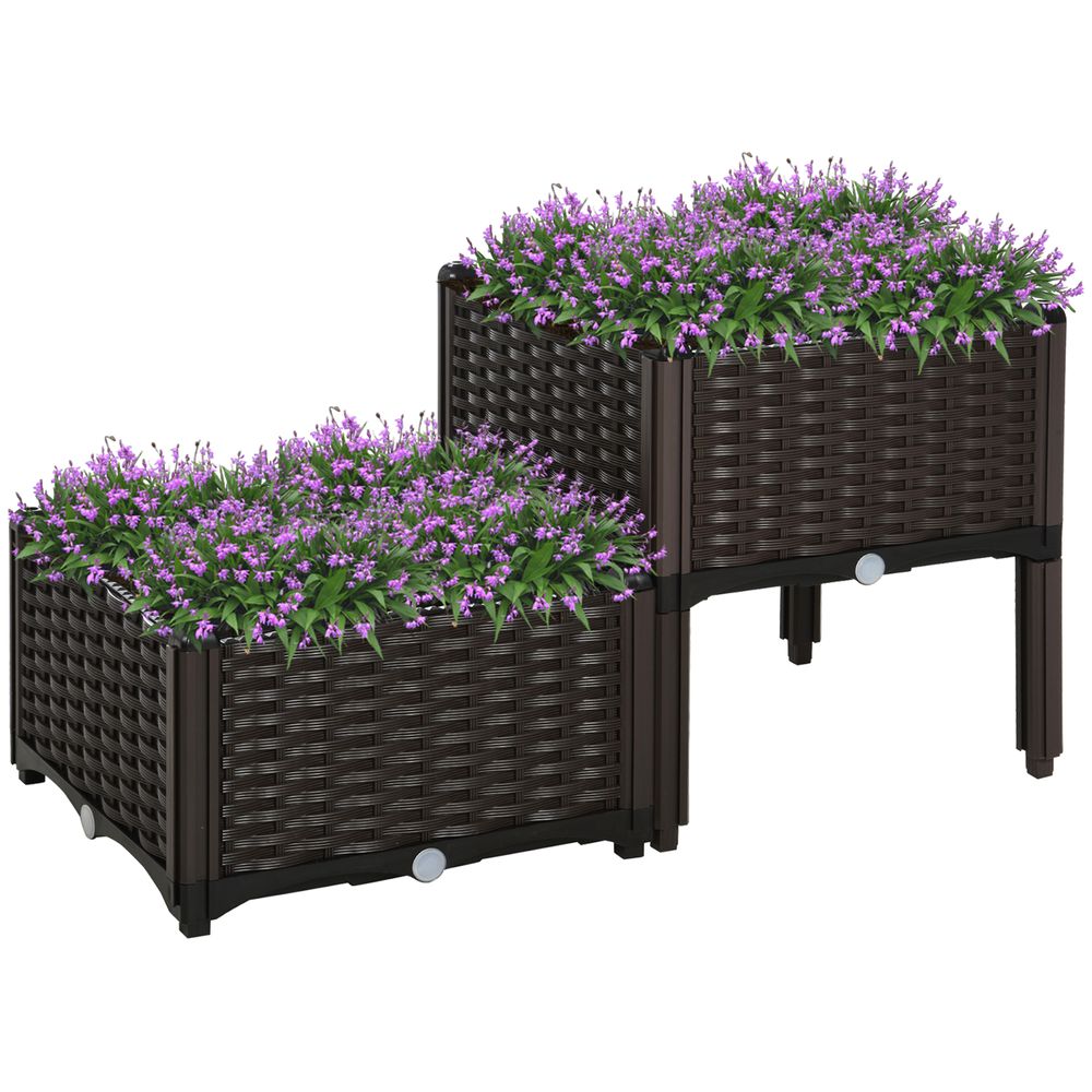 Lot de 2 pots de fleurs carrés aspect rotin pour extérieur jardinières avec drainage 40x40 cm marron