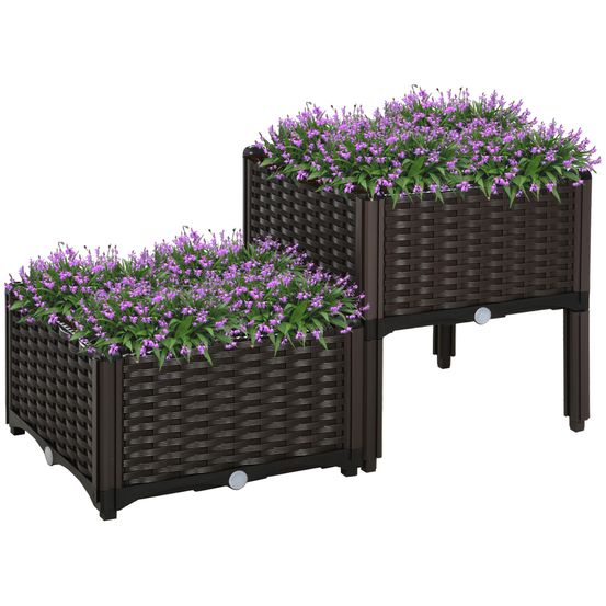Lot de 2 pots de fleurs carrés aspect rotin pour extérieur jardinières avec drainage 40x40 cm marron