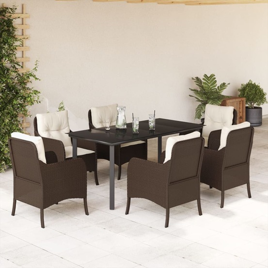 Ensemble à manger de jardin et coussins 7 pcs marron rotin