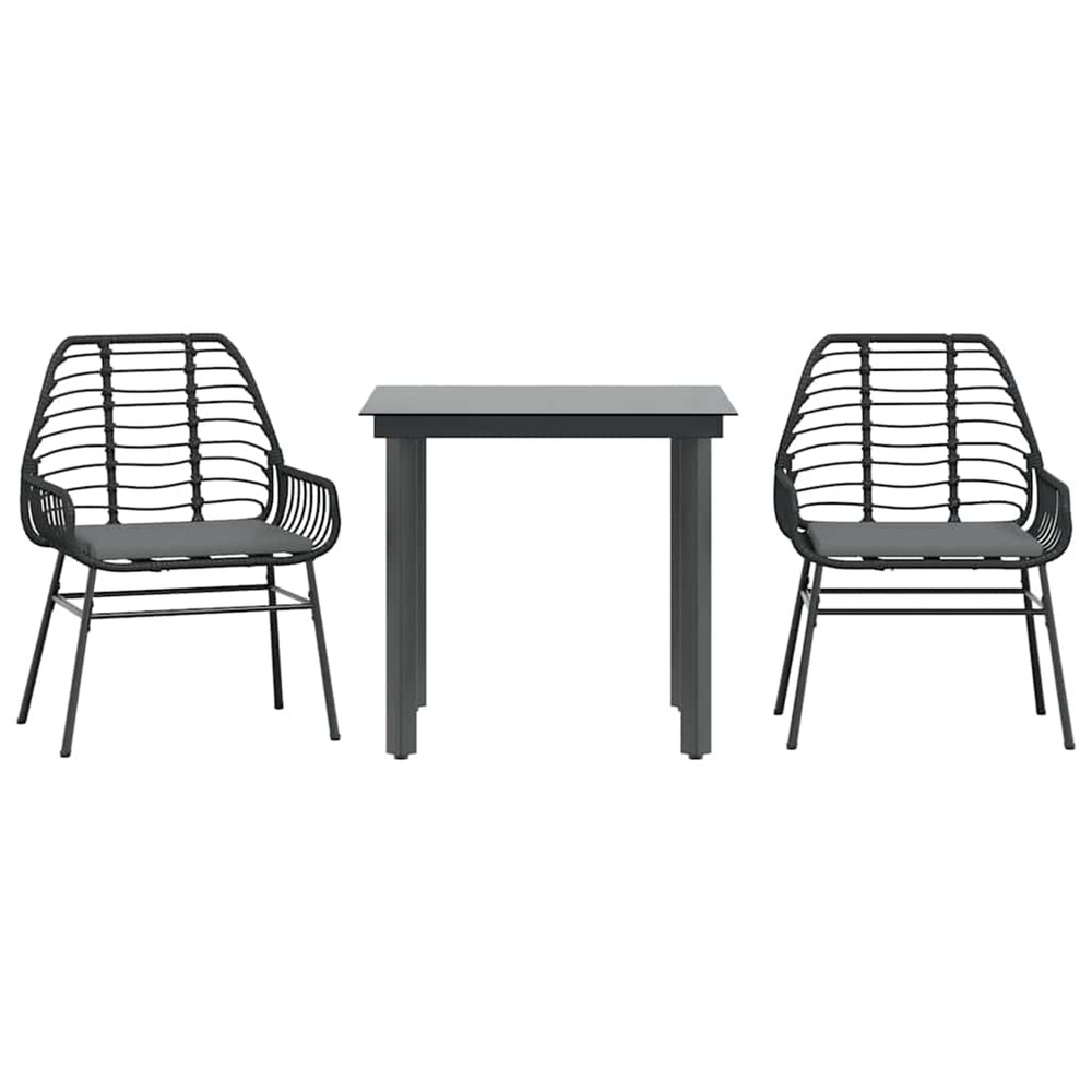 Ensemble à manger de jardin et coussins 3 pcs noir rotin verre
