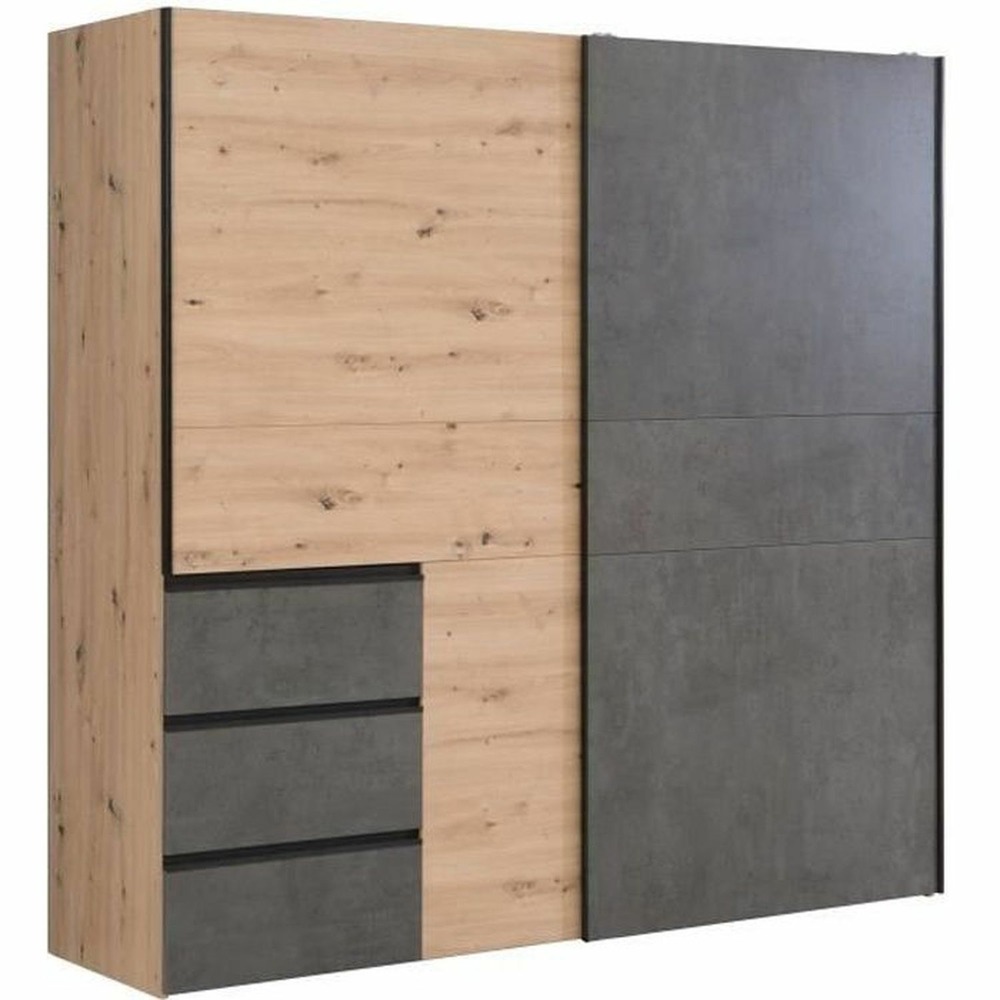 Armoire 2 portes coulissantes 3 tiroirs - chêne artisan et béton gris - 200,1 x 61,2 x 200,5 cm