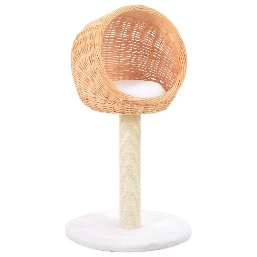 Arbre à chat artisanal 73 cm en bois de saule et sisal avec panier et coussin