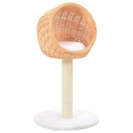 Arbre à chat artisanal 73 cm en bois de saule et sisal avec panier et coussin