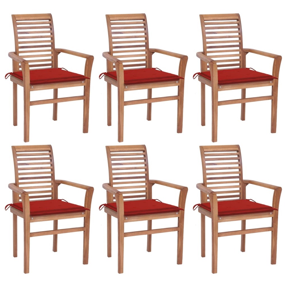 Chaises à dîner 6 pcs avec coussins rouge bois de teck solide
