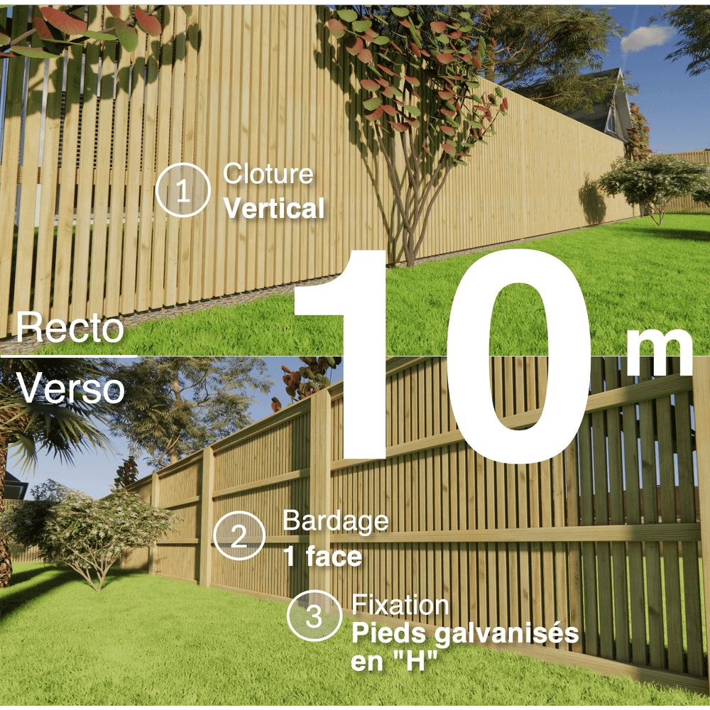 Kit clôture bois moderne 10m – h 1,9m – 45 x 45 mm autoclave – pose vertical – simple face – support galva