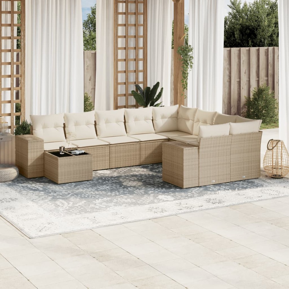 Salon de jardin avec coussins 10 pcs beige résine tressée