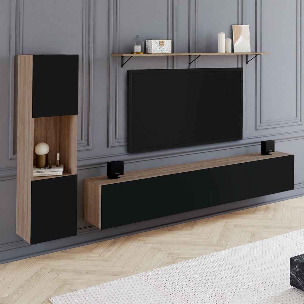 Ensemble meuble tv 180 cm avec colonne et étagère elio bois et noir