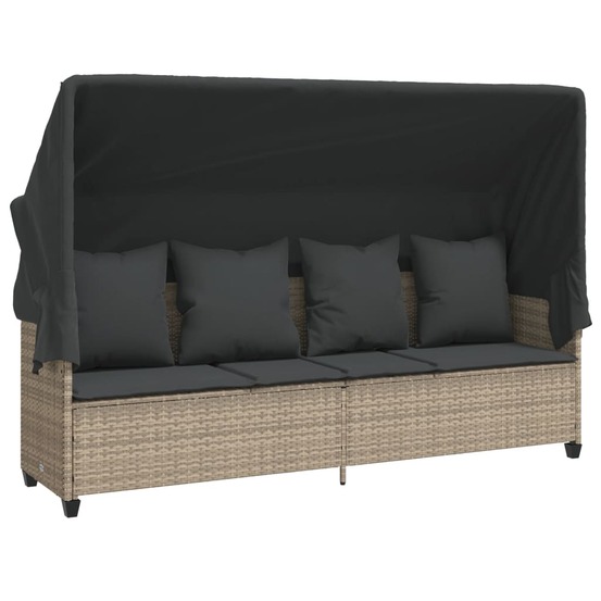 Chaise longue avec auvent et coussins gris clair résine tressée
