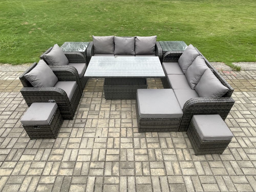 Ensemble de salle à manger jardin en rotin ave table à manger réglable en hauteur 2 chaises inclinable canapé 2 table d'appoint