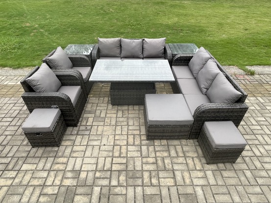 Ensemble de salle à manger jardin en rotin ave table à manger réglable en hauteur 2 chaises inclinable canapé 2 table d'appoint