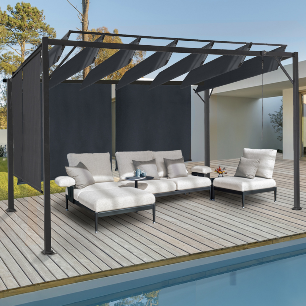 Pergola édition luxe lames orientables 3x3 m et 4 stores gris anthracite