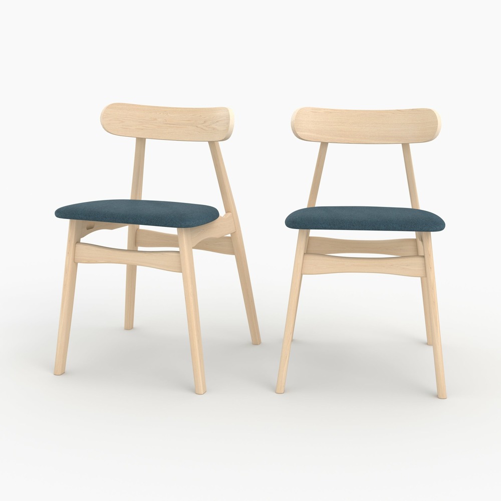 Lisette-lot de 2 chaises en tissu bleu et bois d'hévéa