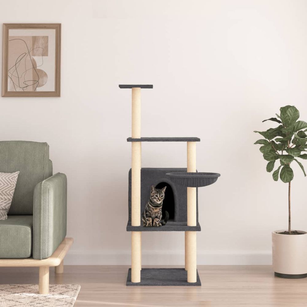 Arbre à chat panier sisal griffoir gris foncé 132cm pour chat pratique