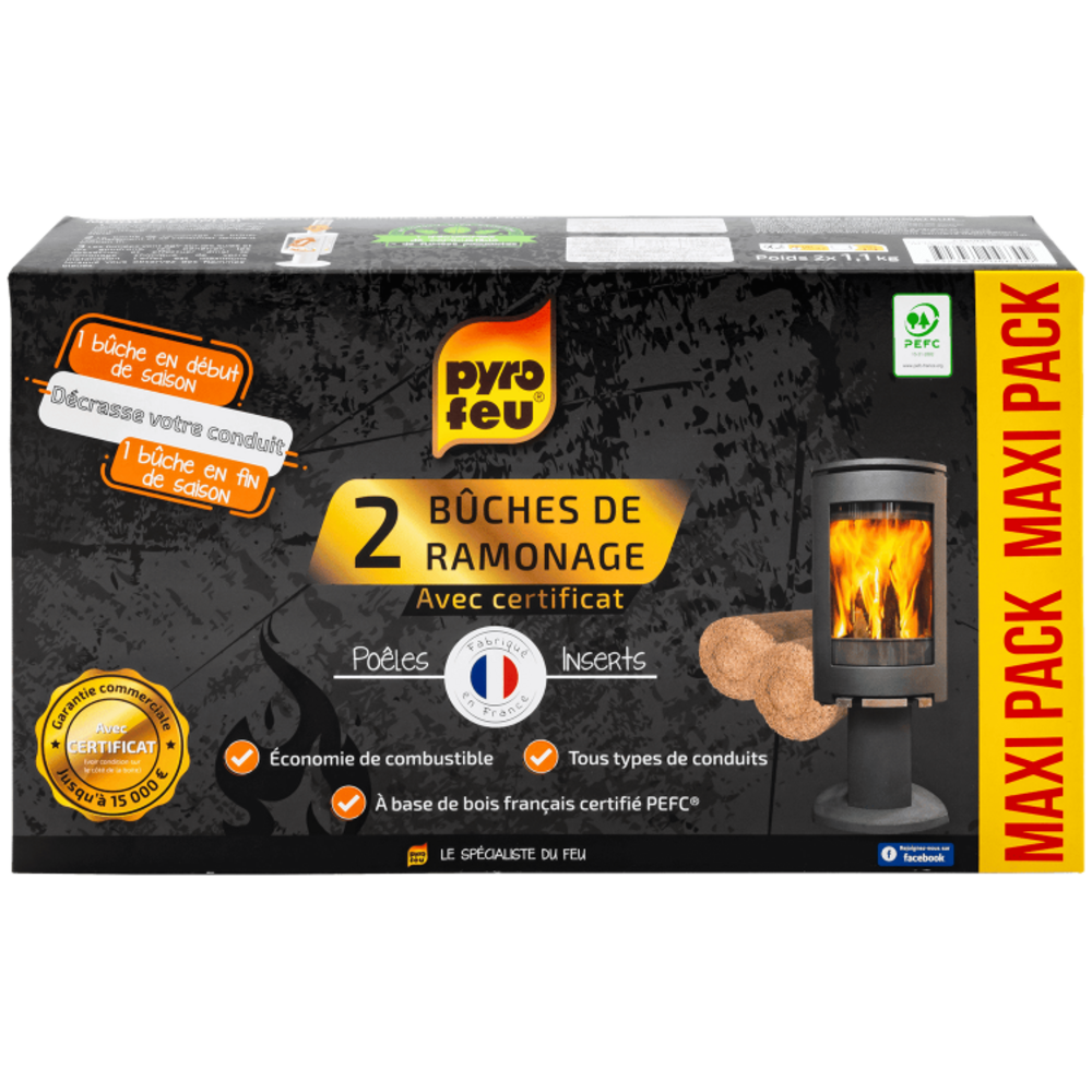 Pyro feu lot de 2 bûches de ramonage pour insert avec certificat