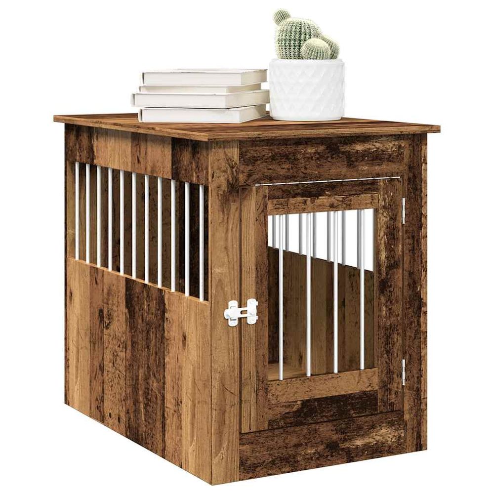 Meuble cage chien 2-en-1 bois acier table d'appoint intérieur vieux bois 68cm