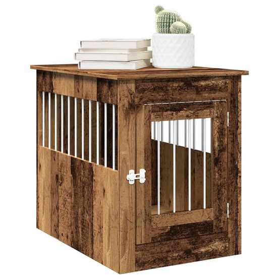 Meuble cage chien 2-en-1 bois acier table d'appoint intérieur vieux bois 68cm