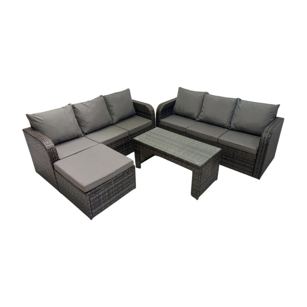 Salon de jardin avec table basse rectangulaire grand tabouret canapé 3 places gris foncé mixte