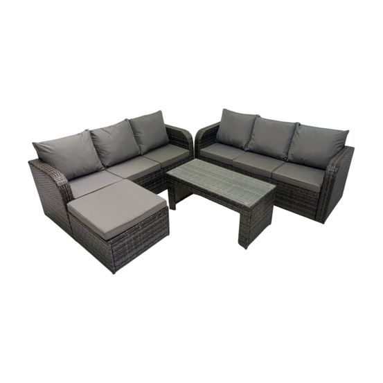 Salon de jardin avec table basse rectangulaire grand tabouret canapé 3 places gris foncé mixte
