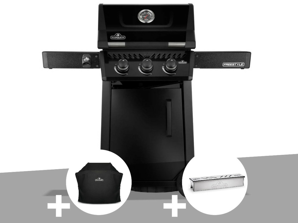 Barbecue gaz freestyle 365 noir 3 brûleurs + housse de protection + boitier de f