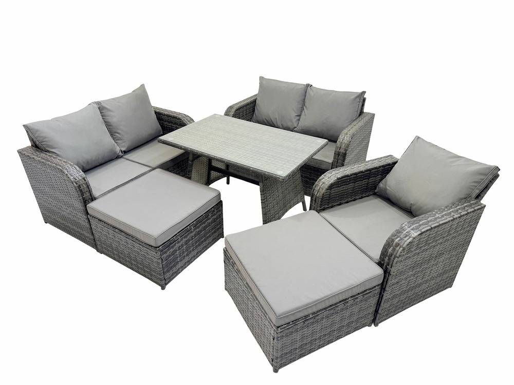 Ensemble de meubles de jardin en polyrotin 7 places avec 2 grand tabourets gris foncé mixte