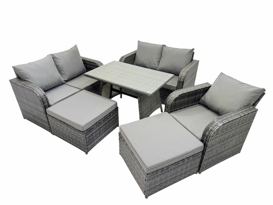 Ensemble de meubles de jardin en polyrotin 7 places avec 2 grand tabourets gris foncé mixte