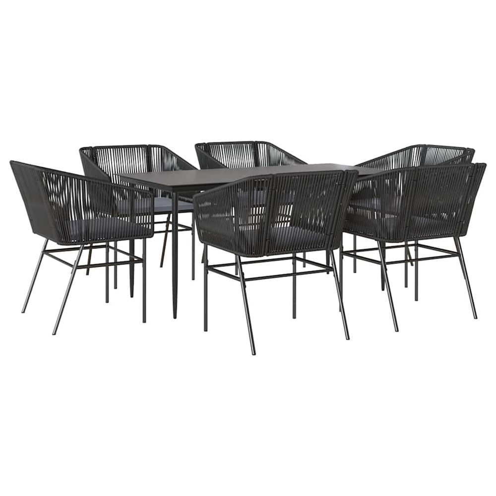 Ensemble à manger de jardin coussins 7pcs noir poly rotin verre
