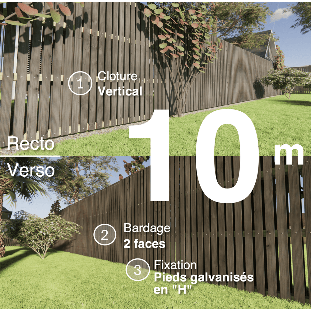Kit clôture bois moderne 10m – h 1,9m – 20 x 70 mm noir par trempage – pose vertical – double face – support galva