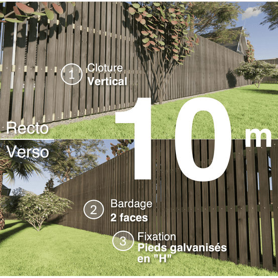 Kit clôture bois moderne 10m – h 1,9m – 20 x 70 mm noir par trempage – pose vertical – double face – support galva