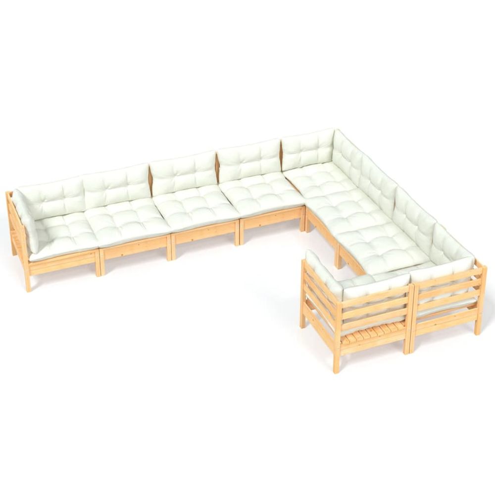 Salon de jardin 9 pcs avec coussins crème bois de pin