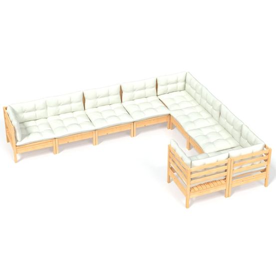Salon de jardin 9 pcs avec coussins crème bois de pin