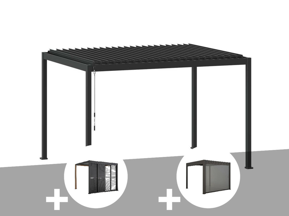 Pergola bioclimatique evora graphite - 4 x 3 m + persiennes coulissantes côté 3