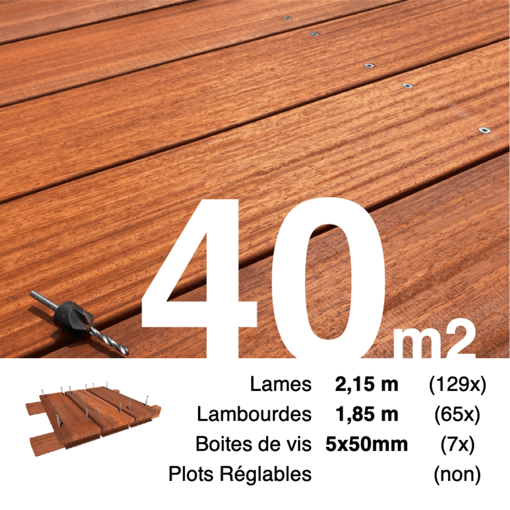 Kit terrasse bois exotique padouk pour 40 m², lames 2,15 m, lambourdes 1,85 m et visserie inox.