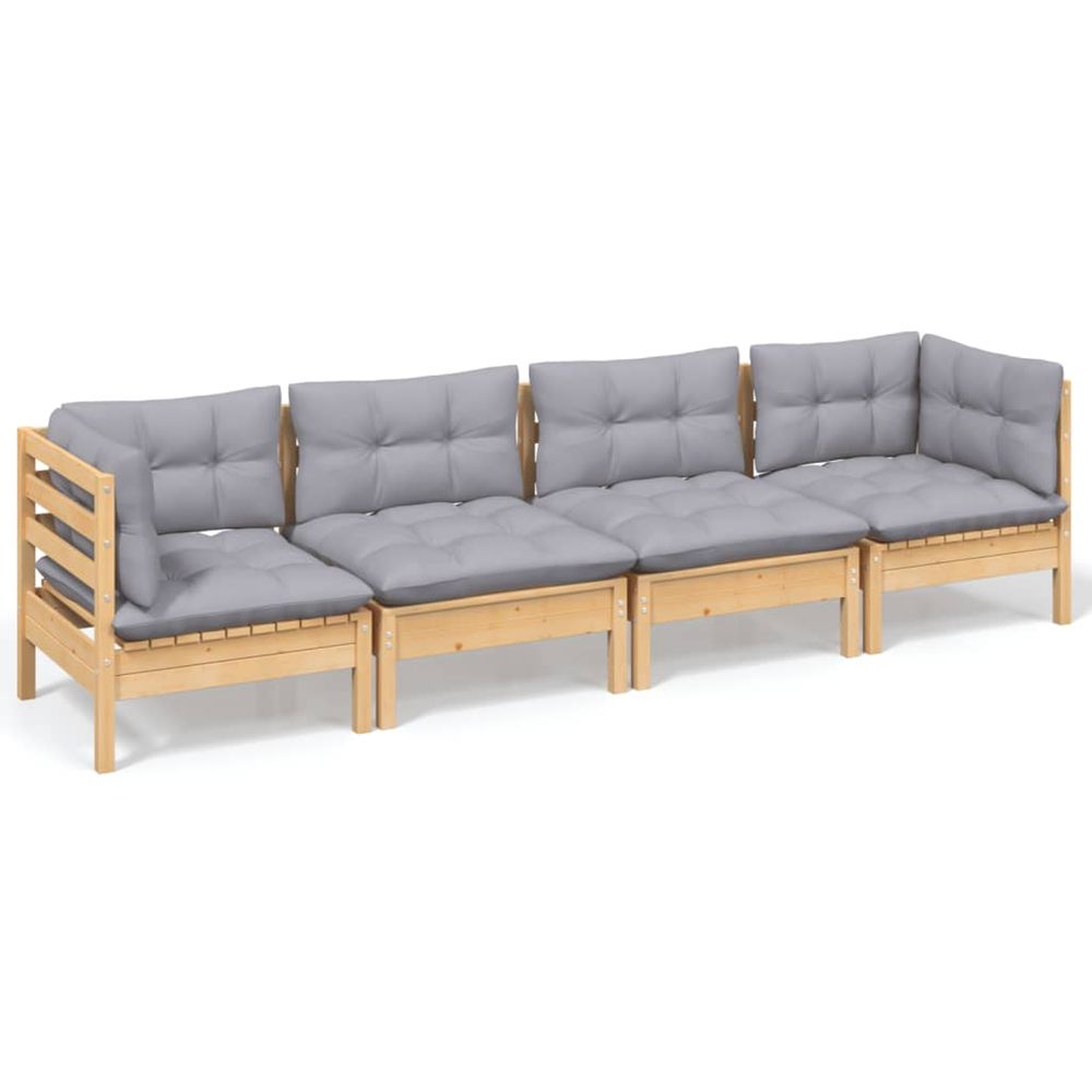 Salon de jardin 4 pcs avec coussins gris bois de pin massif