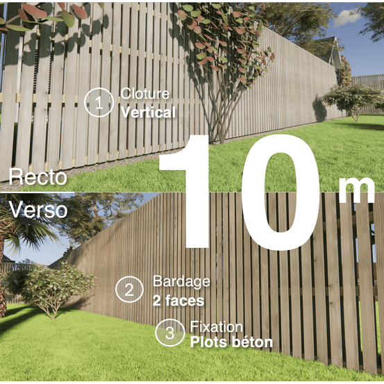 Kit clôture bois moderne 10m – h 2,3m – 20 x 70 mm autoclave gris – pose vertical – double face – à sceller