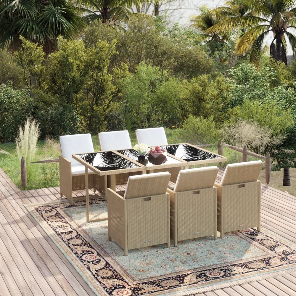Ensemble à manger de jardin et coussins 7 pcs poly rotin beige