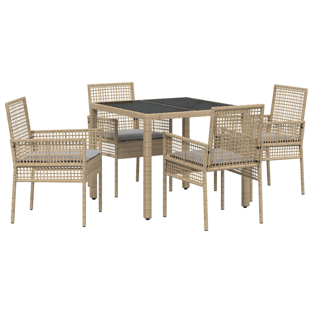Ensemble de salle à manger de jardin 5 pièces avec coussins en poly rotin beige