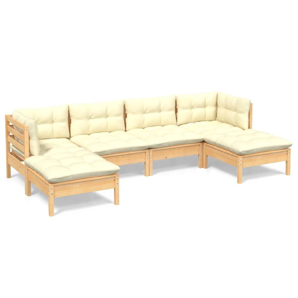 Salon de jardin 6 pcs avec coussins crème bois de pin