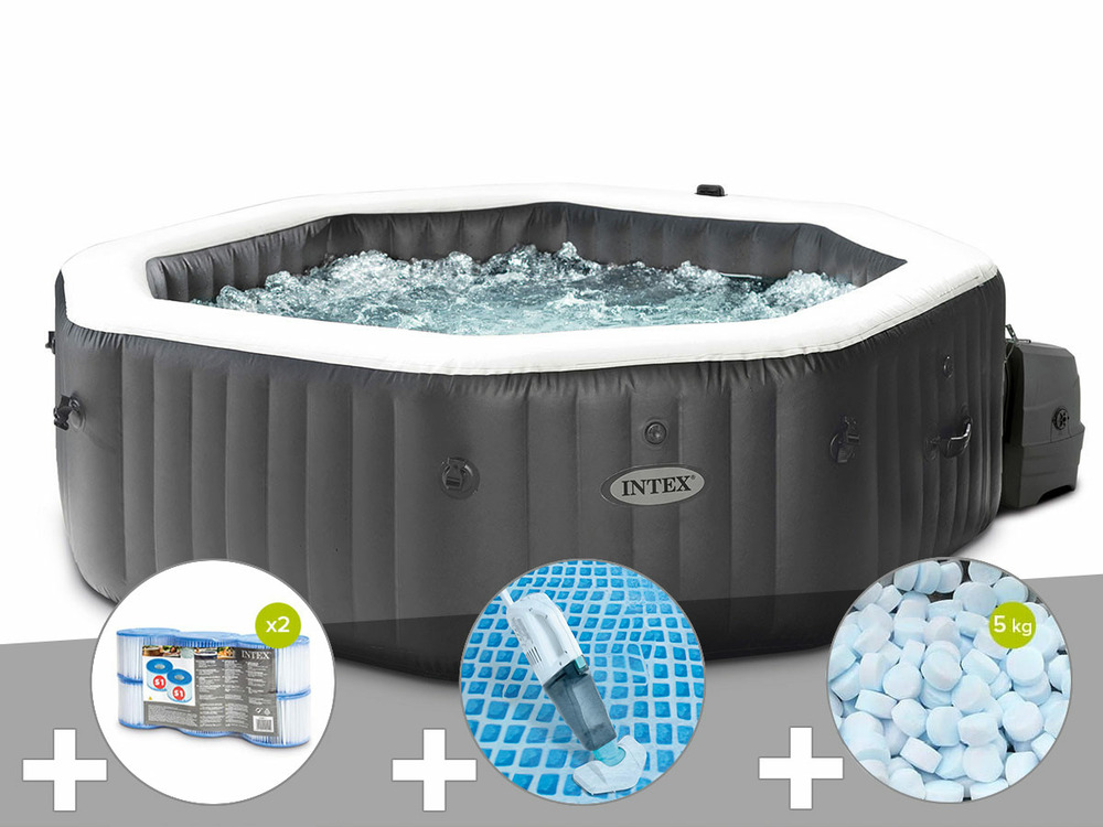 Kit spa gonflable purespa carbone octogonal bulles et jets 4 places + 12 filtre