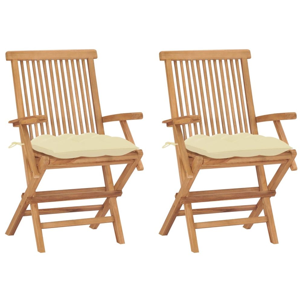Chaises pliantes avec coussins blanc crème, 2 pièces, en bois de teck massif