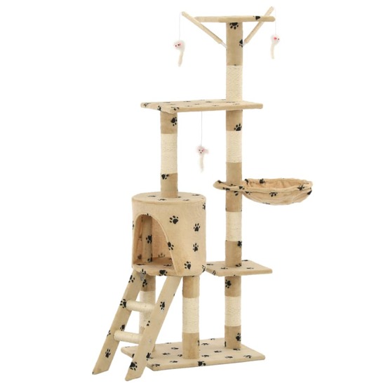 Arbre à chat avec griffoir en sisal 138cm beige motif de pattes
