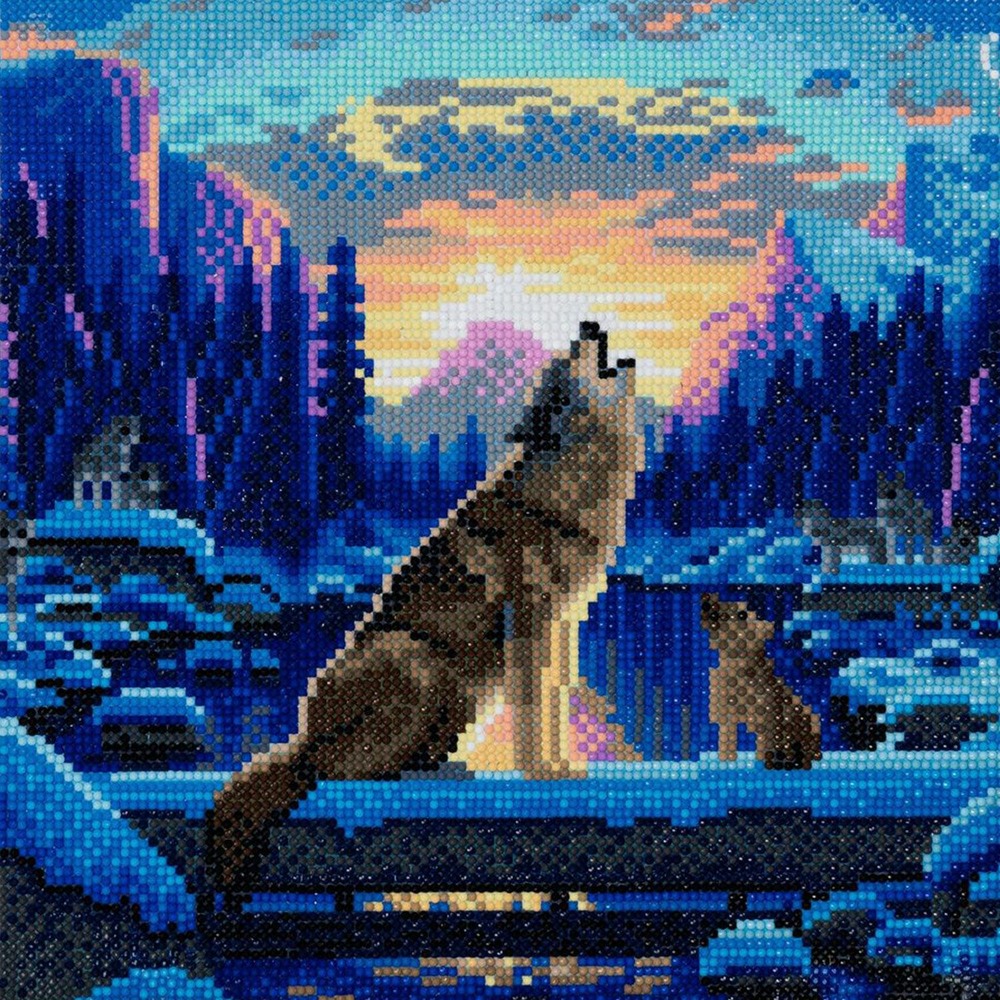 Tableau broderie diamant - loup crépuscule 30 x 30 cm