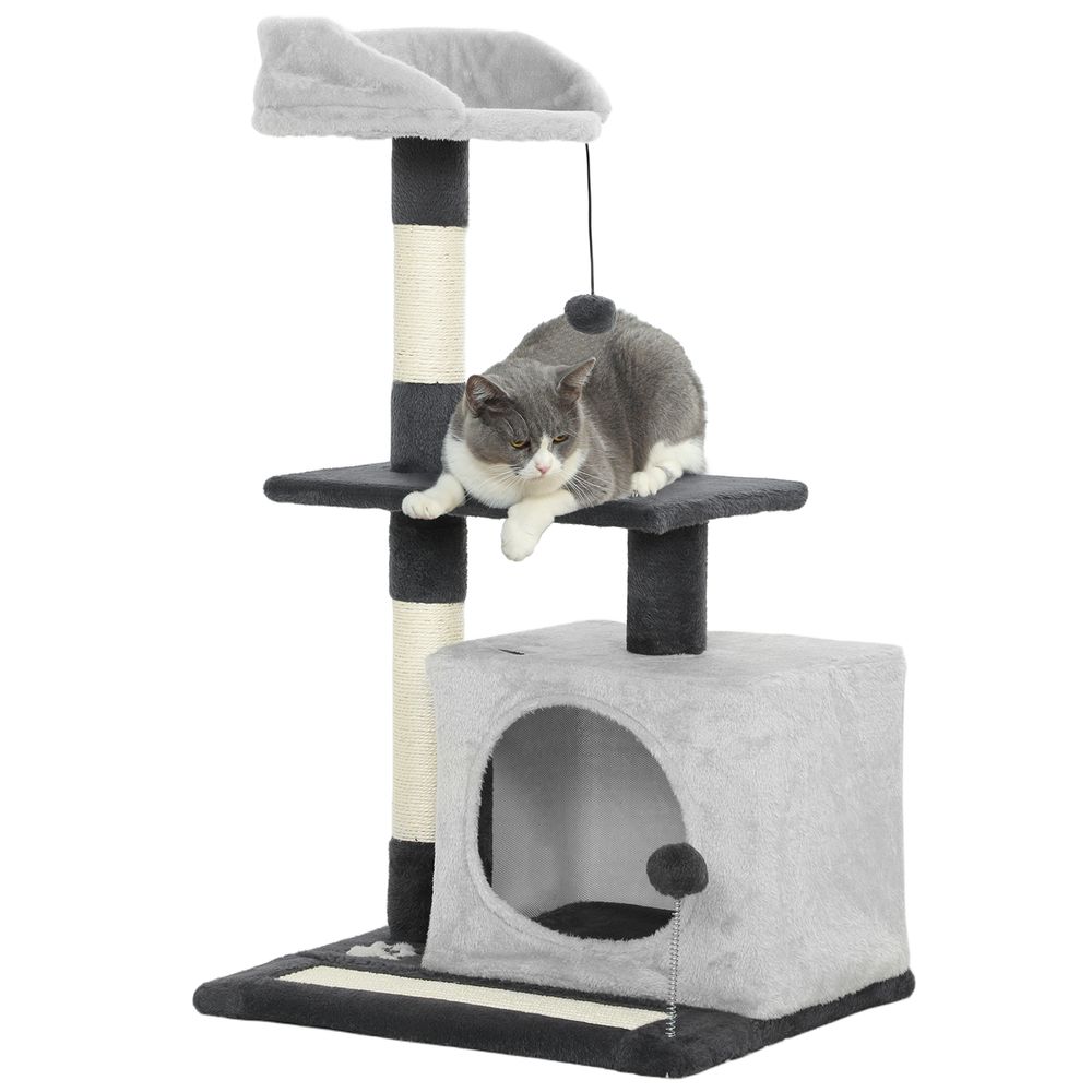 Arbre à chat compact multi-activités avec niche griffoirs et jouets 85 cm gris